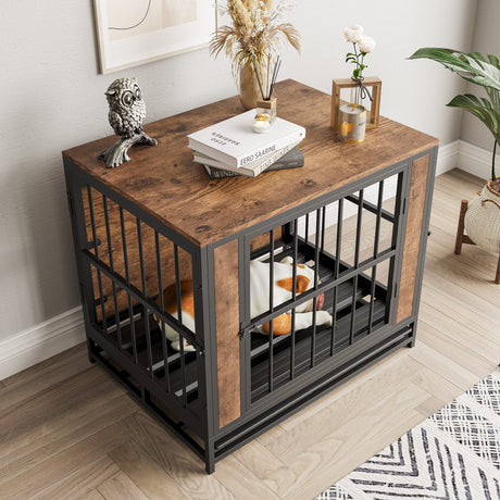 FOUBAM Dog Crate Furniture, Metal and Wooden Dog Crate, Dog Kennels with 3 Doors Indoor, Pet Puppy Crate End Table for Small Dog, Heavy Duty Dog House, Rustic Black and Brown FOUBAM