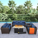 Rattaner 5-Piece Outdoor Patio Furniture 45 in Outdoor Fire Pits Patio Furniture Set 60000 BTU Outdoor Propane Fire Pit No-Slip Cushions Waterproof Covers, Navy Blue Rattaner