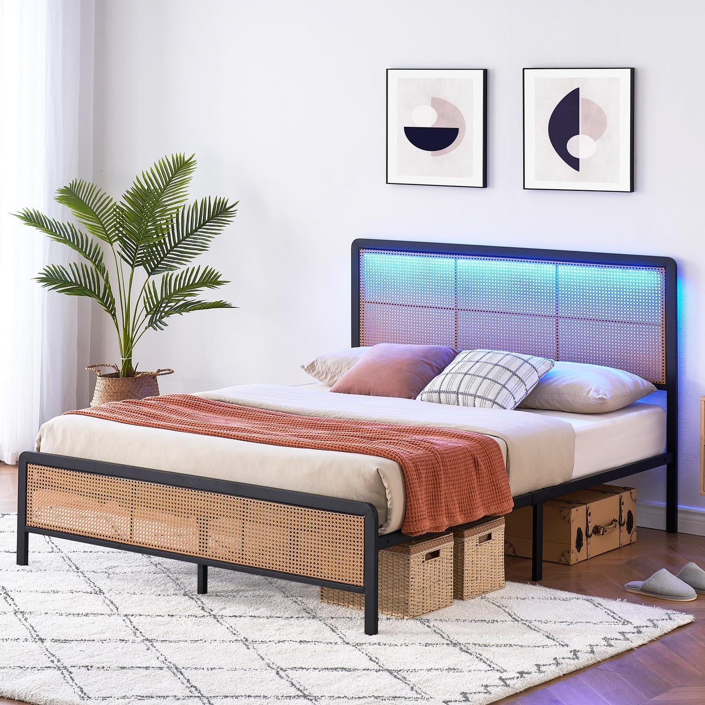 GAOMON Modern Queen Bed Frame with LED Light Headboard,Rattan Platform Bed Frame with Heavy Steel Strip Support,No Box Spring Needed,Noise Free - WoodArtSupply