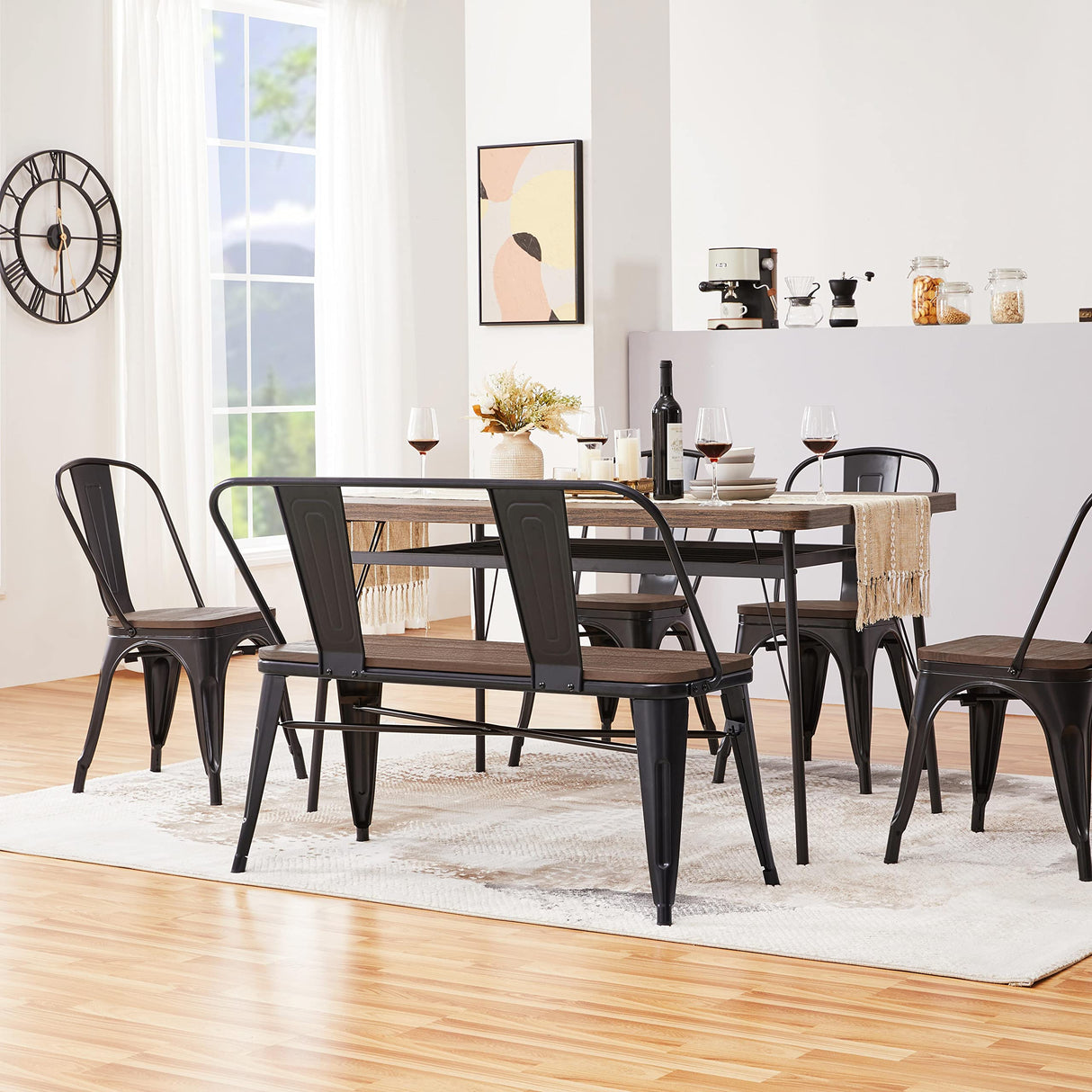 Yaheetech Industrial Metal Bench Mid-Century 3 Person Chair Dining Room Long Farmhouse Bench with Wood Seat,Removable Backrest,Black Yaheetech