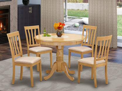 East West Furniture Antique 5 Piece Room Set Includes a Round Wooden Table with Pedestal and 4 Linen Fabric Kitchen Dining Chairs, 36x36 Inch, ANTI5-OAK-C - WoodArtSupply