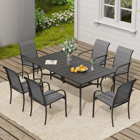 VICLLAX 7 Pieces Patio Dining Set, Patio Furniture Set of 6 Patio Stackable Dining Chairs and Outdoor Rectangular Metal Table with Storage Shelf for Backyard, Grey Chairs and Black Table VICLLAX