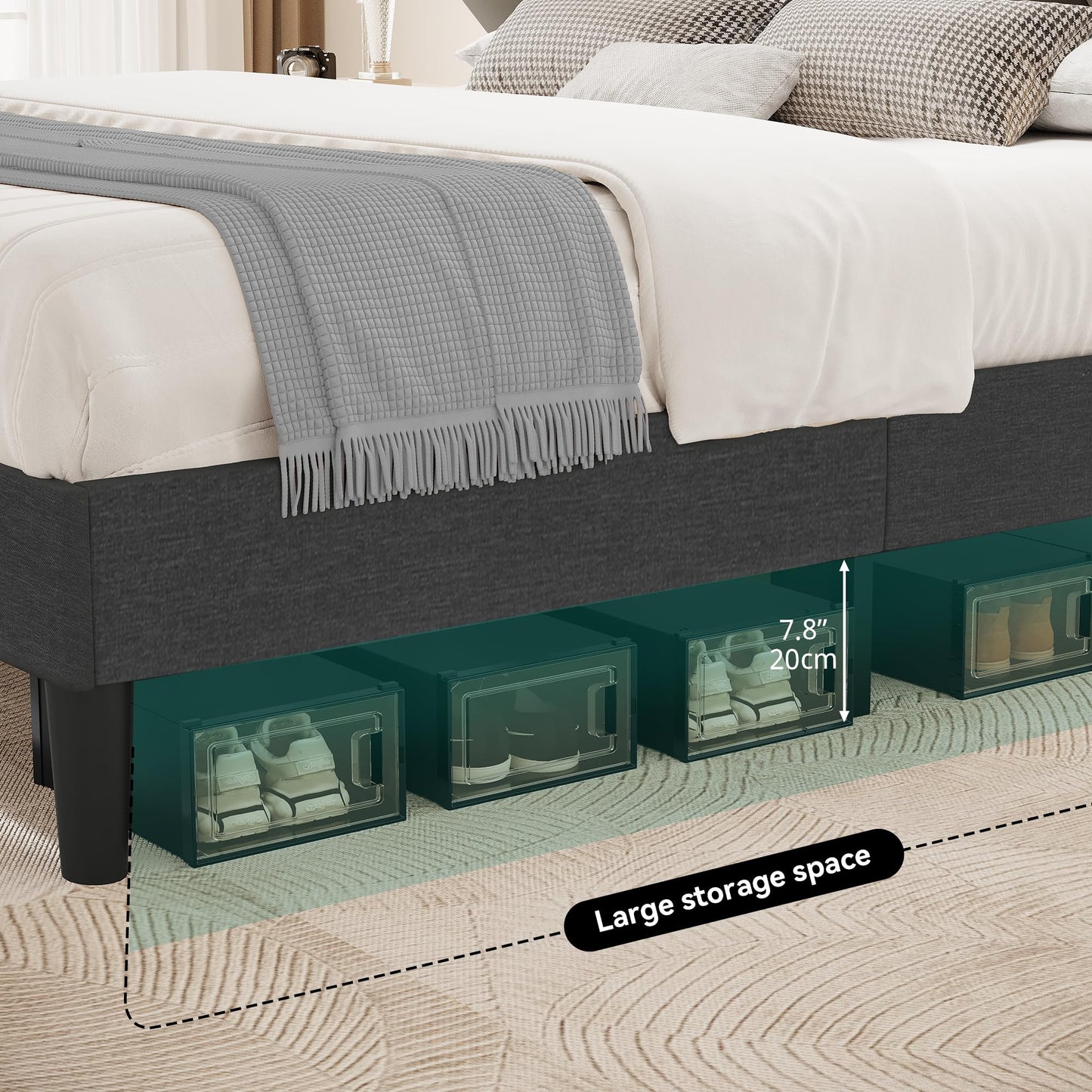 YITAHOME Grey Queen Size Bed Frame with LED Headboard Storage and Charging Station