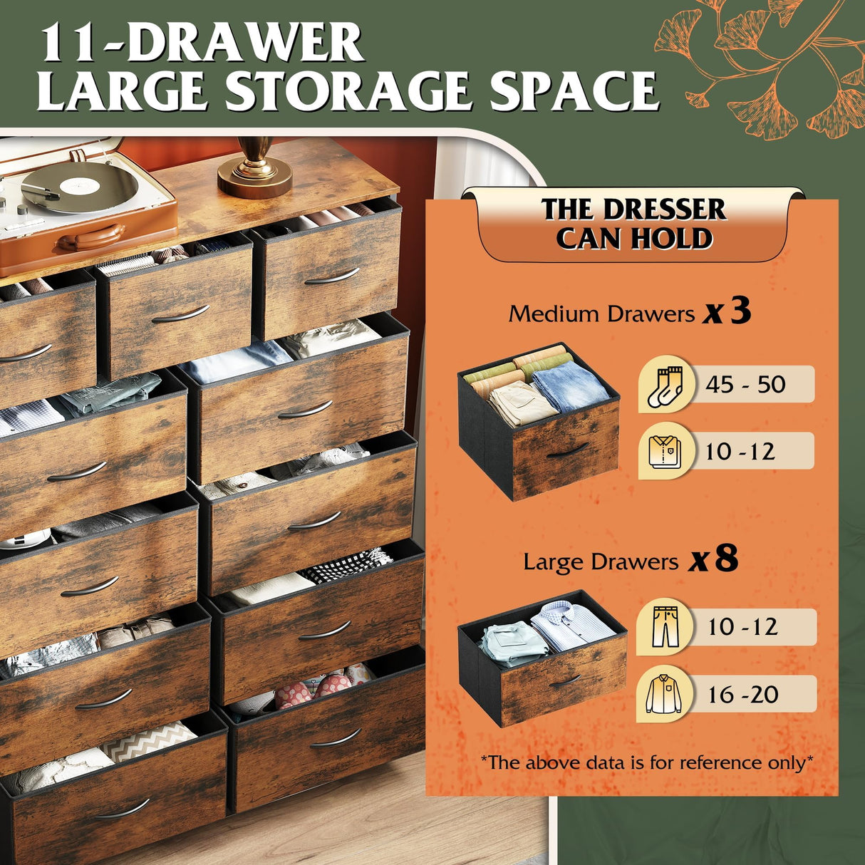 WLIVE Tall Dresser for Bedroom, Fabric Dresser Storage Tower, Dresser & Chest of Drawers Organizer Unit with 11 Drawers, Storage Cabinet, Hallway, Closets, Steel Frame, Wood Top WLIVE