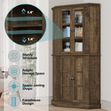 Betterhood Corner Storage Cabinet, 67" Kitchen Corner Cabinet with Glass Doors, Farmhouse Tall Corner Display Cabinet with Adjustable Shelves for Dining Room, Living Room, Rustic Brown Betterhood