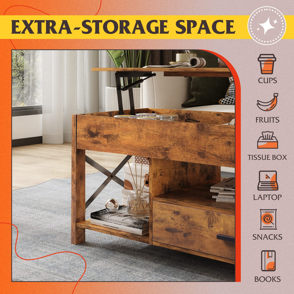 WLIVE Lift Top Coffee Table for Living Room,Coffee Table with Storage,Hidden Compartment and Metal Frame, Central Table for Reception Room,Rustic Brown WLIVE