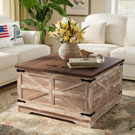 senlin Farmhouse Coffee Table, Heavy-Duty Coffee Table with Storage, Square Wood Center Table Set for Living Room with Pull Up Large Hidden Storage Compartment,Rustic Brown senlin