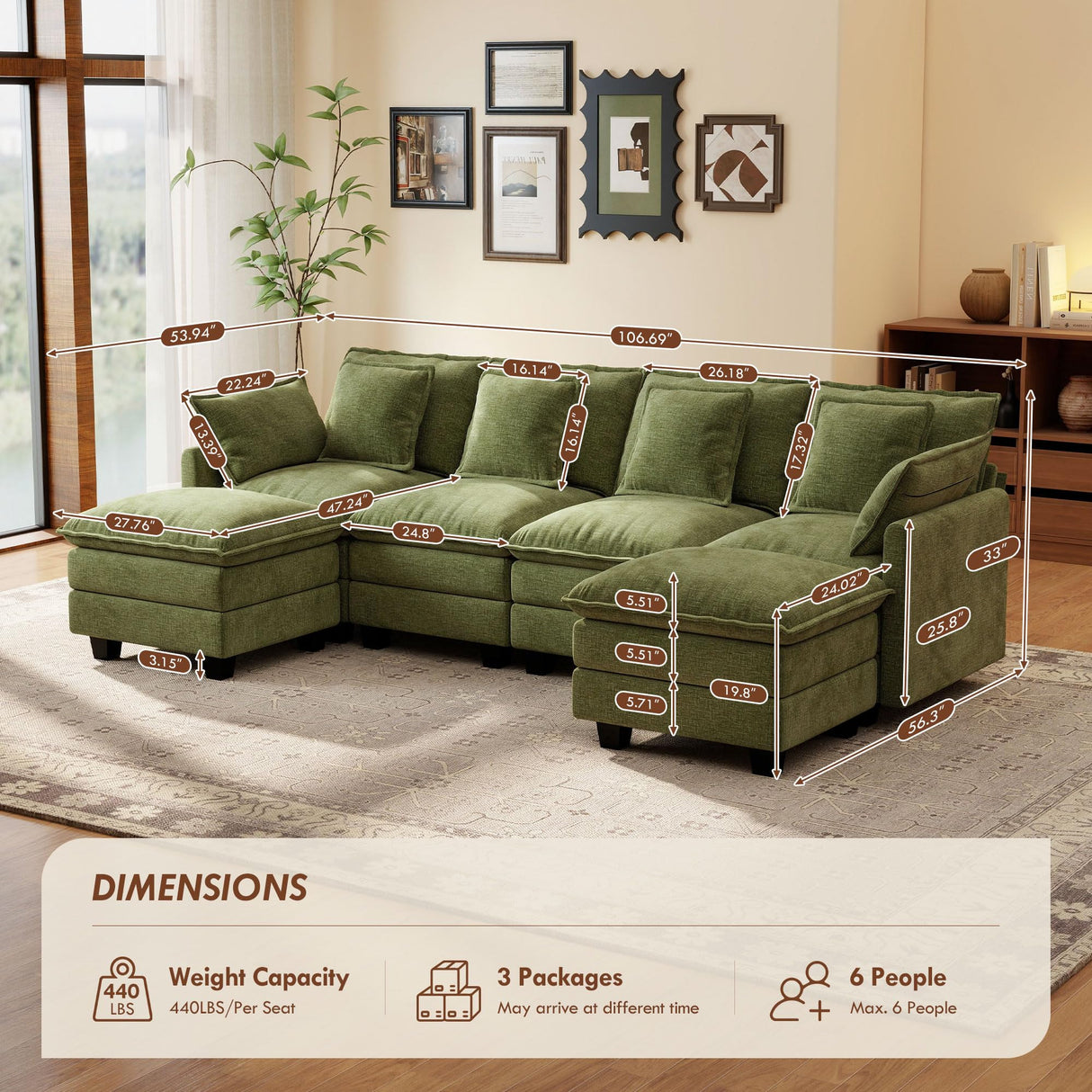 Ihanherry 106" U Shaped Modular Sectional Cloud Sofa, Modern 6 Seat Chenille Couch with Ottoman for Living Room, Bedroom and Apartment, Green Ihanherry