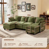 Ihanherry 106" U Shaped Modular Sectional Cloud Sofa, Modern 6 Seat Chenille Couch with Ottoman for Living Room, Bedroom and Apartment, Green Ihanherry