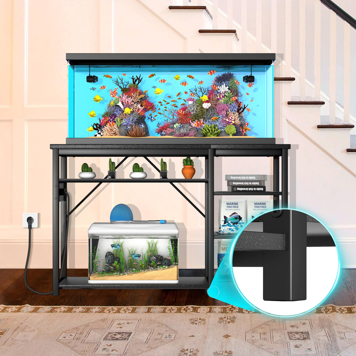 GRLEAF 55-75 Gallon Aquarium Stand: 1200LB Capacity, Built-In Power Outlets, 3-Tier Shelves for Fish Tank Accessories Storage, Heavy-Duty Steel/Wood Hybrid for Fish & Reptile Tanks | Excludes Tank GRLEAF