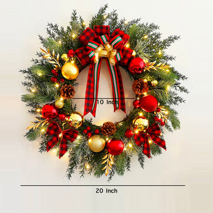 Christmas Wreath with Lights 20 Inch Pre-Lit Christmas Door Wreath for Front Door with Red Plaid Bow and Ball Ornaments, Battery Operated Timer 40 LED Lights, Holiday Decoration for Fireplace Xmas