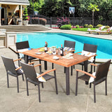Tangkula 7-Piece Wicker Patio Dining Set, Patiojoy Outdoor Rattan Garden Yard Furniture Set, Acacia Wood Tabletop Dining Table with Umbrella Hole & 6 Stackable Rattan Chairs Set Tangkula
