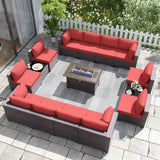 Kurapika 15 Pieces Patio Furniture Set, Rattan Wicker Outdoor Conversation Sets w/43in Propane Fire Pit Table and 4 Inch Cushion(Red) Kurapika