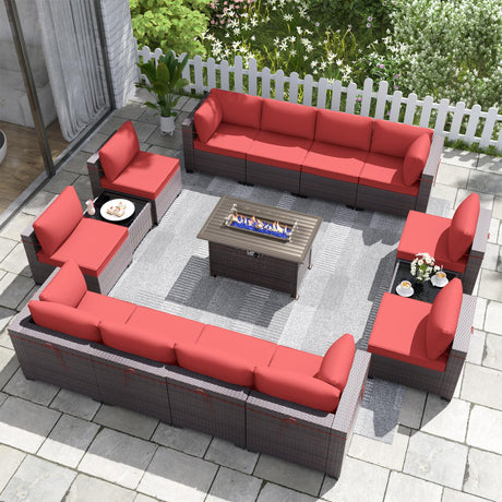 Kurapika 15 Pieces Patio Furniture Set, Rattan Wicker Outdoor Conversation Sets w/43in Propane Fire Pit Table and 4 Inch Cushion(Red) Kurapika