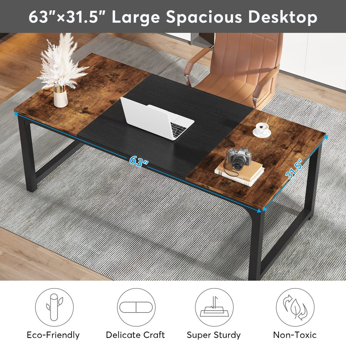 Tribesigns Modern Computer Desk, 63 x 31.5 inch Large Office Desk Computer Table Study Writing Desk Workstation for Home Office, Vintage Black Metal Frame Tribesigns