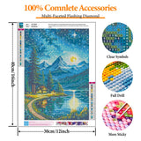 Offito Mountains Moon Lake Diamond Art Kits for Adults, Lakeside Villages Diamond Painting Kits for Beginners, Starry Sky Landscape DIY Full Drill Dots Gem Art Paint for Home Wall Decor 12 x 16 Inch Offito