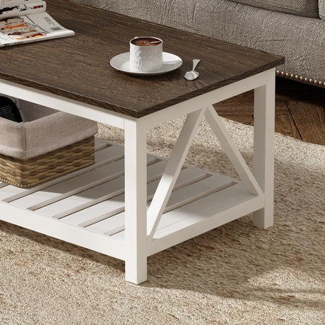 ChooChoo Farmhouse Coffee Table, Rustic Vintage Living Room Table with Shelf, 47 White ChooChoo