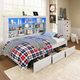 Jocisland Twin Daybed with Bookcase Headboard, USB-C Charging, RGB Lights ＆ 3 Drawers, No Box Spring Needed, Farmhouse Wood Bed Frame for Teens, Dorms, Guest Room, Distressed White Jocisland