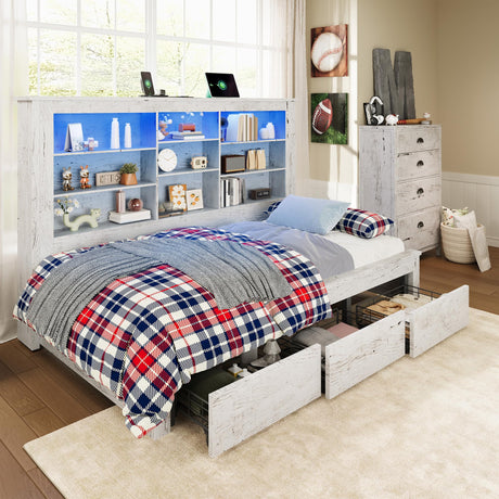 Jocisland Twin Daybed with Bookcase Headboard, USB-C Charging, RGB Lights ＆ 3 Drawers, No Box Spring Needed, Farmhouse Wood Bed Frame for Teens, Dorms, Guest Room, Distressed White Jocisland