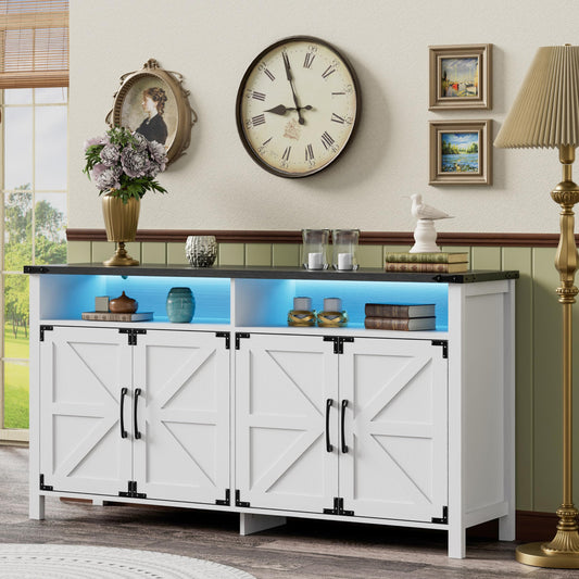 Anbuy Sideboard Buffet Cabinet with Lights 61.02'' Large Kitchen Storage Cabinet Farmhouse Buffet Cabinet with Storage Coffee Bar for Dinning Room, Kitchen, Hallway, and Living Room, White an - WoodArtSupply