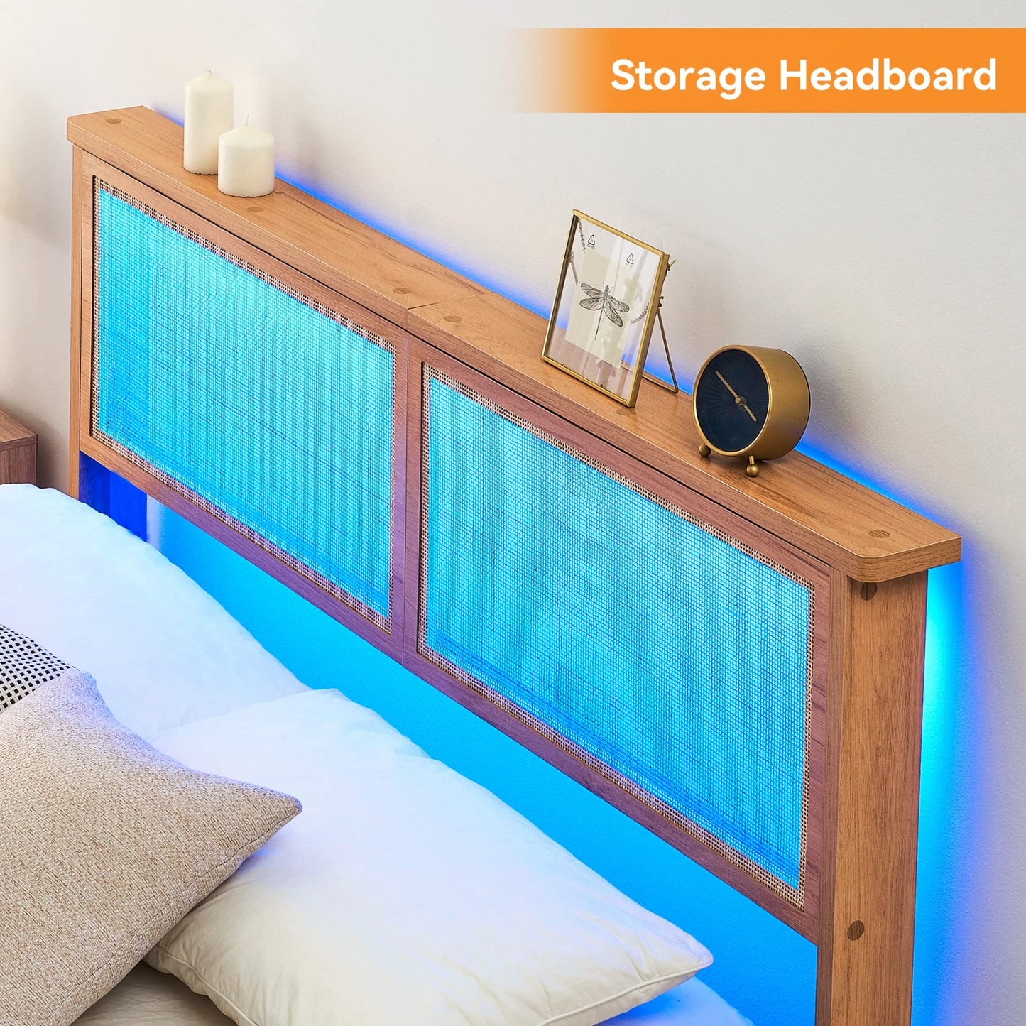 Solid Wood Full Bed Frame with Rattan Headboard & LED Lights - Modern Design, Noise-Free, No Box Spring Needed - WoodArtSupply