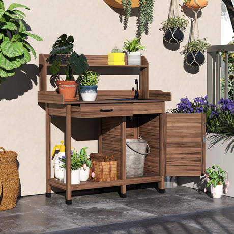 Outsunny Potting Bench Table with Sink, Outdoor Work Bench Table with Storage Cabinet, Hooks, Removable Sink, Faucet and Drawer for Greenhouse, Garden, Patio, Dark Brown Outsunny