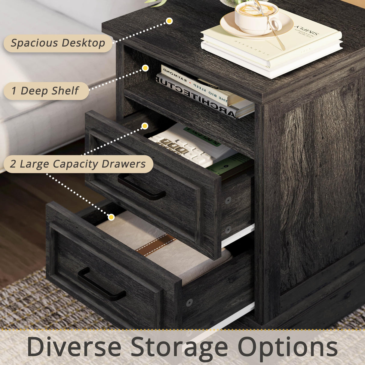 LIKIMIO Farmhouse Nightstand with Storage Drawers and Open Shelf, Small End Tables Living Room, Rustic Wood Side Tables for Bedroom, Roman Column Design, Charcoal Grey LIKIMIO