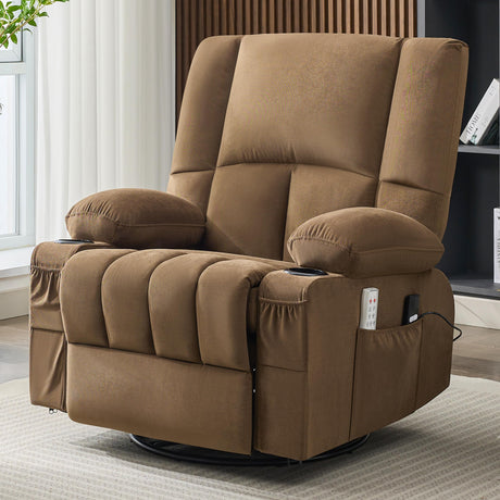 Power Rocker Recliner Chair with Heat and Massage, 270° Swivel Recliner Chairs for Adults, USB and Type-C Ports, Oversized Recliner Single Sofa, Electric Glider Recliner Chair(Fabric, Brown) Reedvales