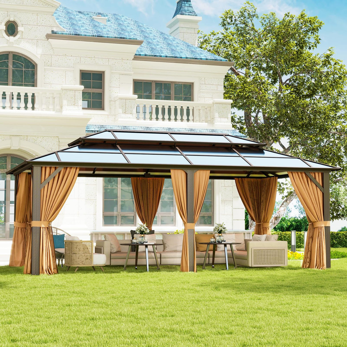 Aoxun 12'x20' Hardtop Gazebo, Aluminum Frame Permanent Pavilion with Curtains and Netting, Outdoor Polycarbonate Double Roof Canopy, Designed for Garden, Lawns, Patio Aoxun