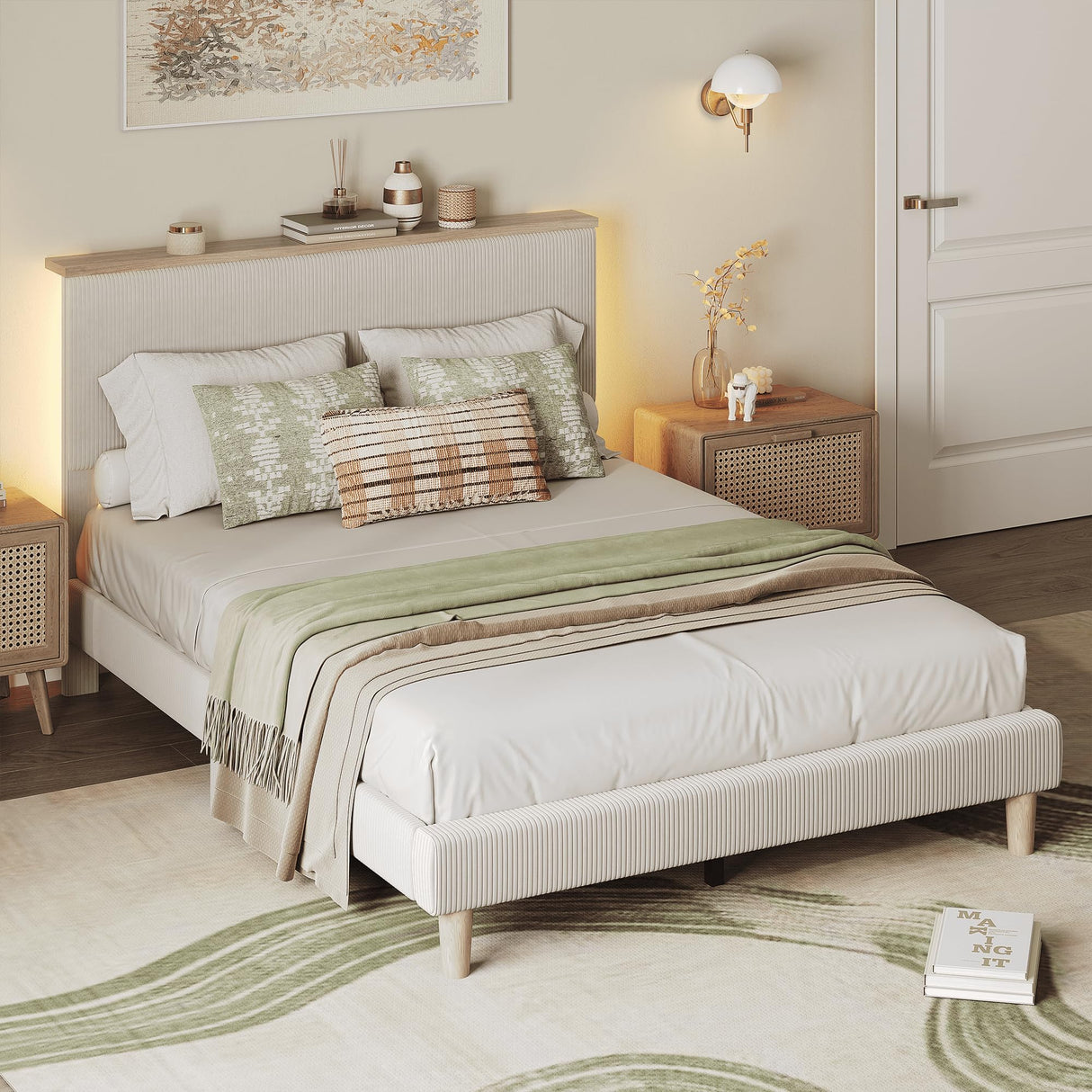 Bestier Full Bed Frame with Adjustable Headboard & LED Lighting, Corduroy Upholstered Platform Bed Frame with Storage Shelf, Solid Wood Slats, No Box Spring Needed, Never Squeak, Easy Assembly, Beige Bestier