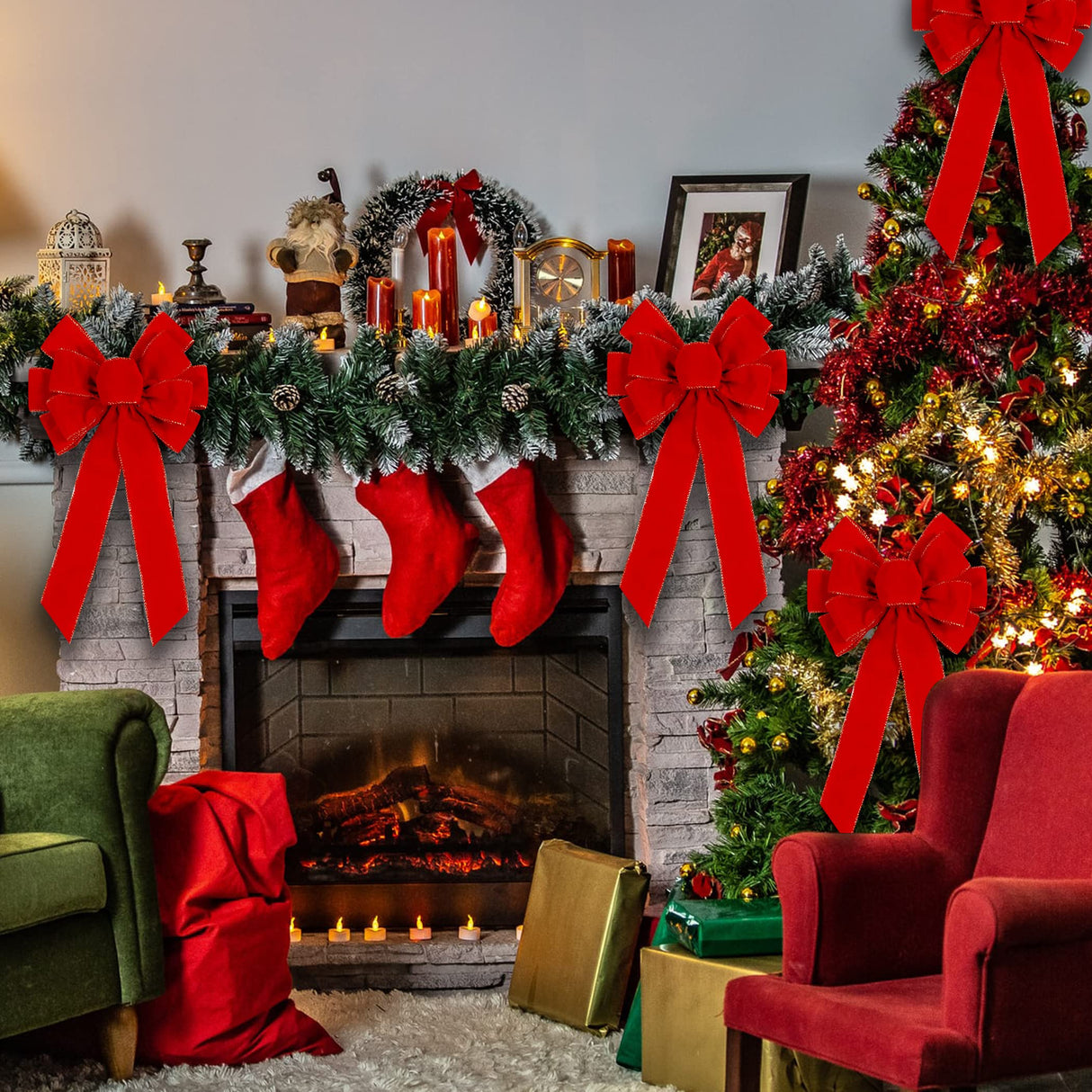 2 Pack Red Christmas Bows Outdoor Decorations,12”x20” Large Christmas Tree Topper Bow, Velvet Wreath Bow with Glitter Gold Edge for Xmas Home Front Door Decor Hongsome