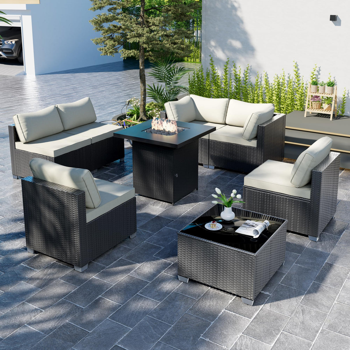 8-Piece Outdoor Patio Sectional Sofa Set with Fire Pit Table – PE Wicker Rattan Modular Conversation Furniture, Cushions & Clips Included – Patio Couch for Porch, Backyard, Poolside, Garden ELEGIBLISS