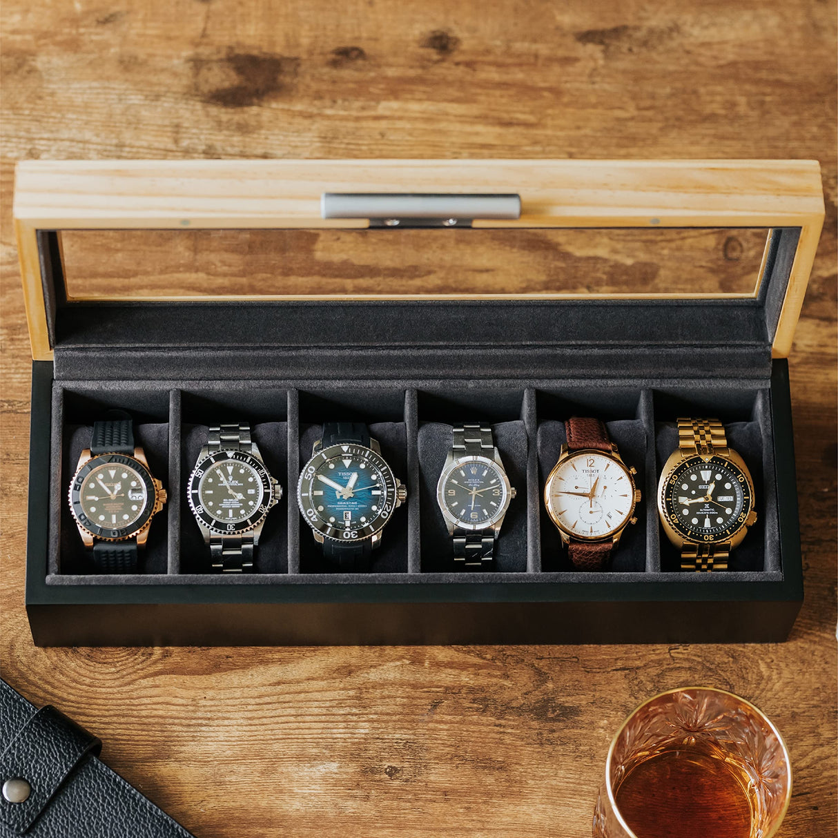 CASE ELEGANCE Two-Toned Pine and Black Base with Modern Aluminum Handle 6-Slot Watch Box with Real Glass CASE ELEGANCE