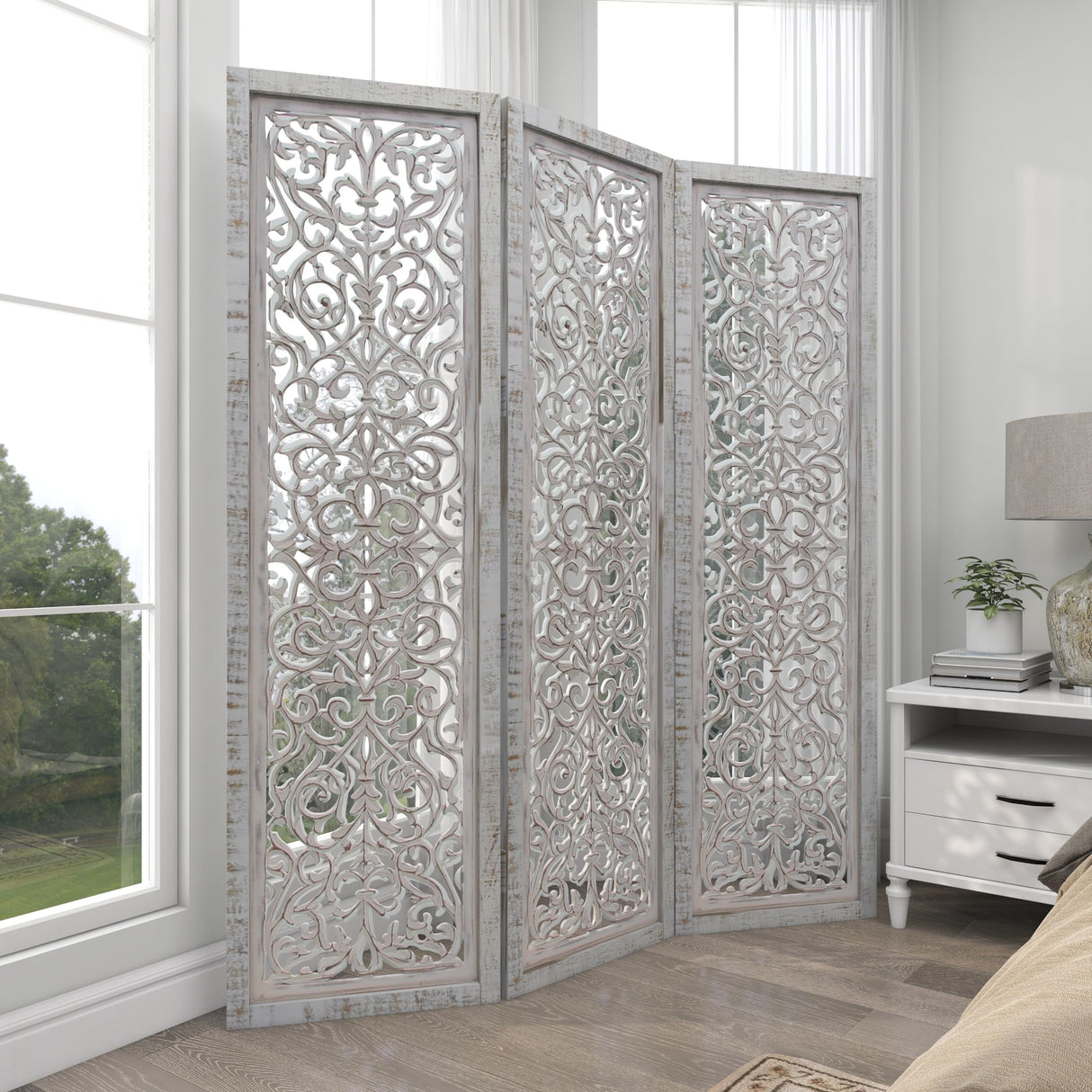 Deco 79 Wooden Floral Handmade Partition Room Divider Screen Hinged Foldable Partition 3 Panel Privacy Screen with Intricate Carved Design, Room Partition 60" x 1" x 69", White Deco 79
