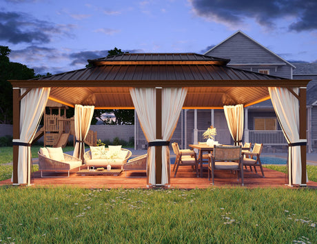 YOLENY 14' x 20' Hardtop Gazebo Faux Wood Grain Metal Gazebo with Aluminum Frame, Galvanized Steel Double Roof, Outdoor Patio Gazebo Pergolas with Netting and Curtains for Backyard, Patio, Lawns YOLENY