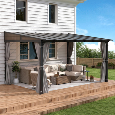 Raysfung 10 x13FT Outdoor Wall-Mounted Hardtop Gazebo, Aluminum Frame Lean to Gazebo with Polycarbonate Roof and Curtains for Patio, Garden, Deck Raysfung