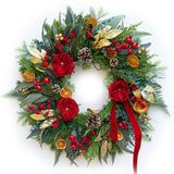 Pinkpuii Pre-lit Christmas Wreath with Lights,24 Inch Outdoor Christmas Wreaths for Front Door,Green Eucalyptus Olive Leaves Winter Door Wreath with Pinecones,Red Flower-Lighted Xmas Holiday Wreath Pinkpuii