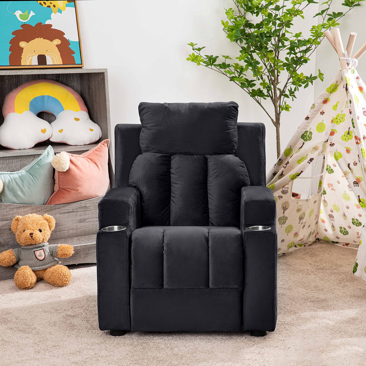 Naomi Home Sally Deluxe Kids Recliner Chair with Footrest & 2 Cup Holders, Push Back Toddler Recliner with Cup Holder, Microfiber Kids' Recliners for Age 3+, Kid Recliners for Girls Boys Black Naomi Home