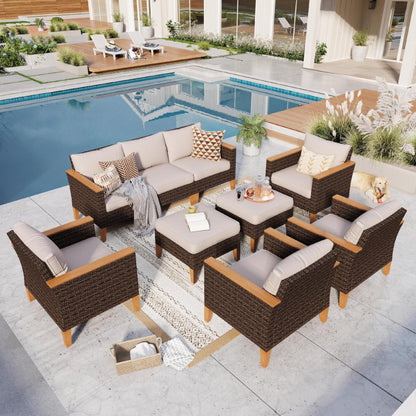 GREEN PARTY 9 Pieces Wicker Patio Furniture Set, All-Weather Outdoor Rattan Patio Sectional Sofa Conversation Set with 4" Thick Cushions for Garden, Backyard, 2 x Ottomans - WoodArtSupply