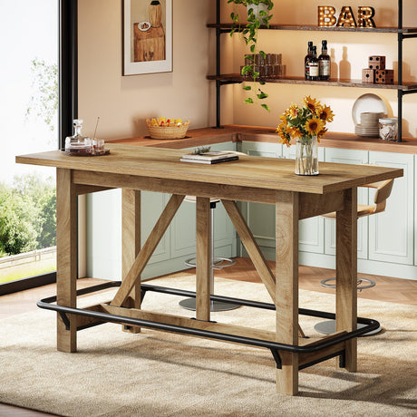Tribesigns 63" Bar Table, Long Counter Height Pub Dining Table with Footrest, Home Bar Furniture for Bar, Kitchen & Dining Room, Living Room, Brown Tribesigns