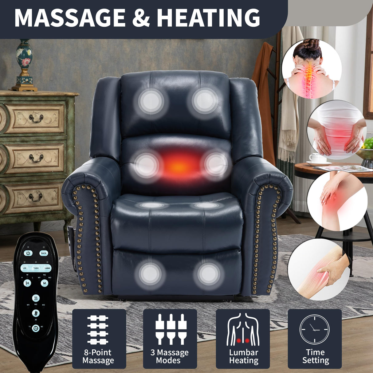 Dual Motor Power Lift Chair, Lay Flat Recliner Chair, Electric Recliner with Massage and Heat for Elderly, Remote Control, Infinite Position, Standing Assistance, USB Ports (Blue, Genuine Leather) Trustyue