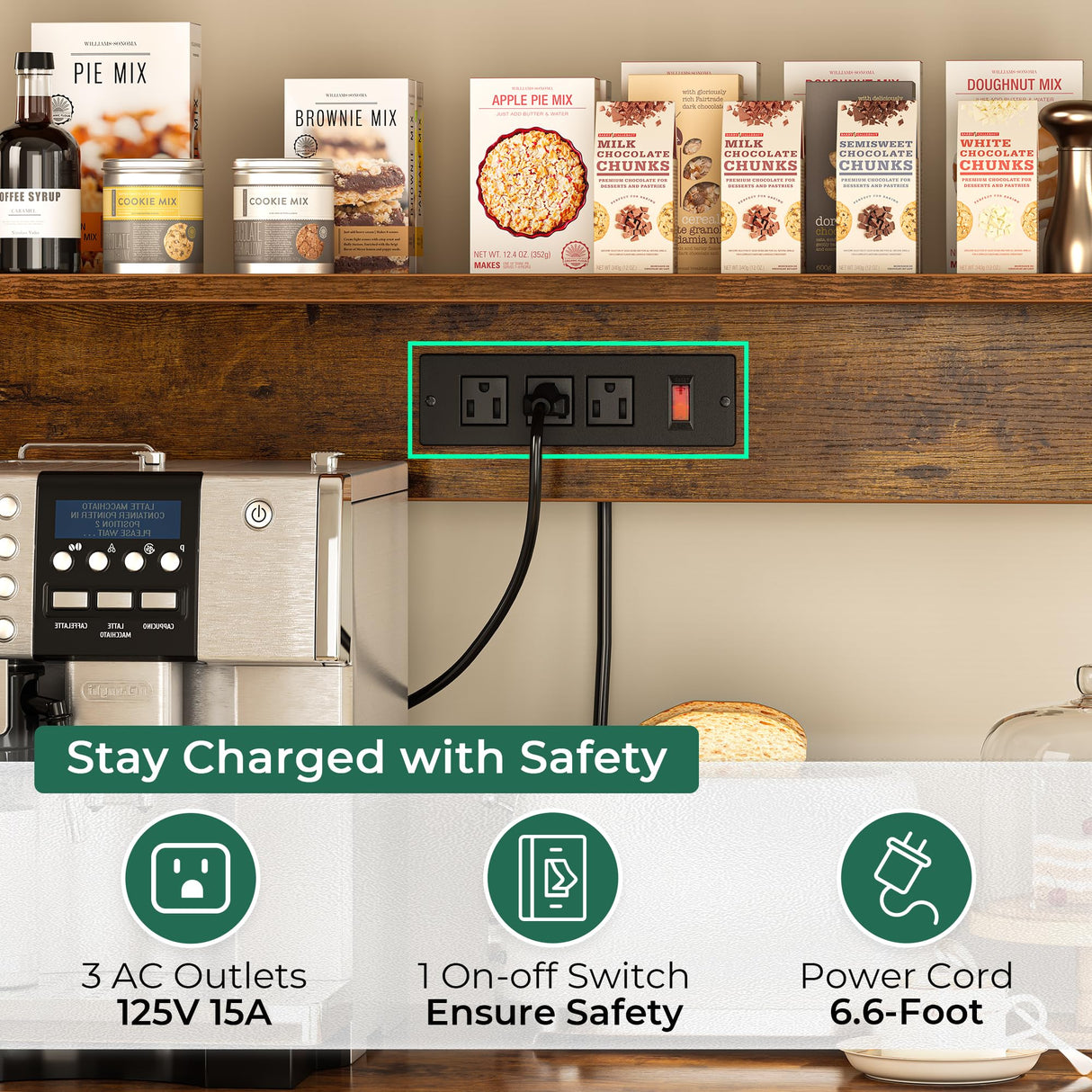 SUPERJARE Rustic Brown Bakers Rack with Power Outlet and Open Storage Space SUPERJARE