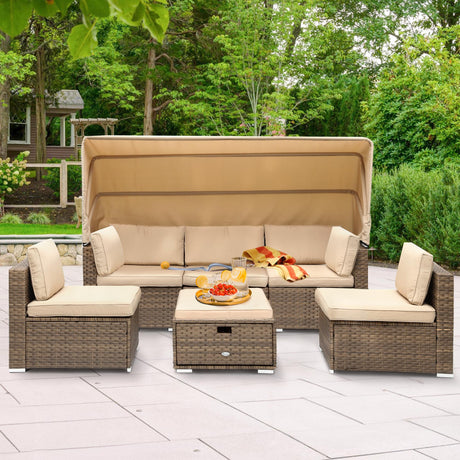 YITAHOME Outdoor Patio Wicker Daybed Furniture Set with Retractable Canopy, Storable Side Table, and Soft Cushions for Relaxing in Your Backyard or Porch, Light Brown and Beige YITAHOME