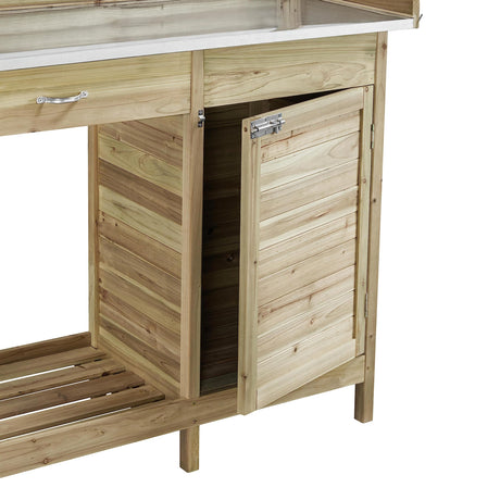 Topeakmart Garden Potting Bench Potting Table ACQ Lumber Wood Outdoor Work Station Work Bench Planting with Cabinet & Drawer & Top Shelf & Lower Shelf Light Green Topeakmart