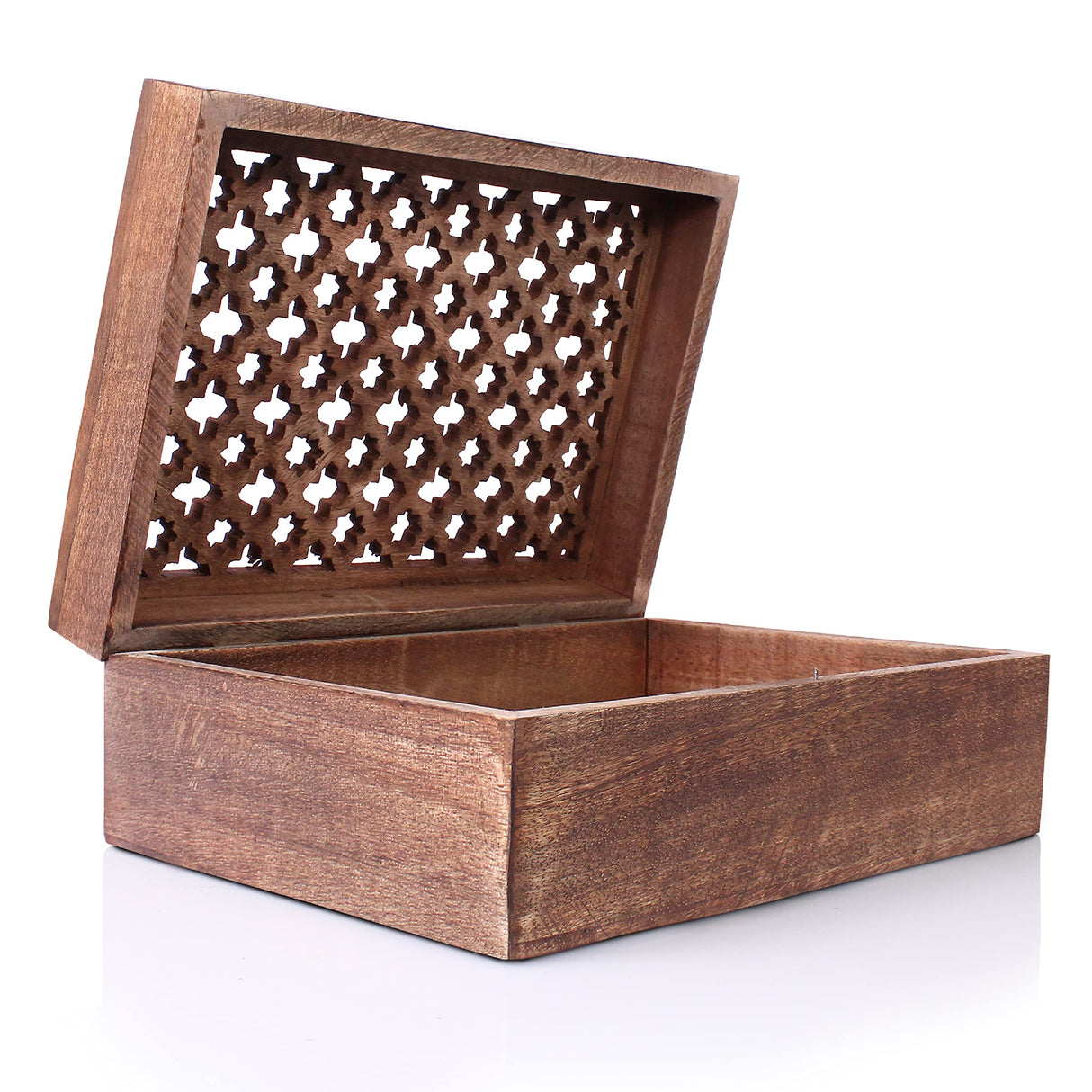 Mela Artisans Medium Keepsake Box with Hinged Trellis Lid - Medium Polish | Wooden Decorative Box | Keepsake Memory Box | Mango Wood Storage Box | Store Trinkets, Cards & Stash | 7.5” x 4.5” x 3” Mela Artisans