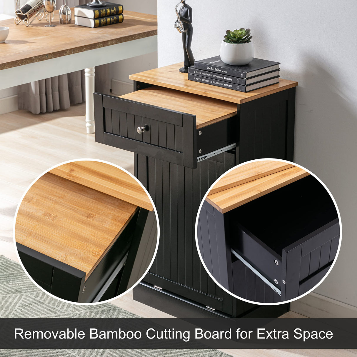 Trash Cabinet Tilt Out Freestanding, Pet Proof Kitchen Trash Cabinet Laundry Hamper with Cutting Board, Wood Garbage Recycling Station Hideaway Trash Holder Drawers (1, Black) Gitua
