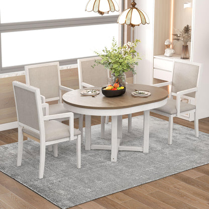 VilroCaz Farmhouse 5-Piece Extendable Round Dining Table Set with Butterfly Leaf Table and 4 Comfortable Upholstered Arm Chairs, Solid Wood Kitchen Dining Room Dining Table Set for 4 (Brown+White)