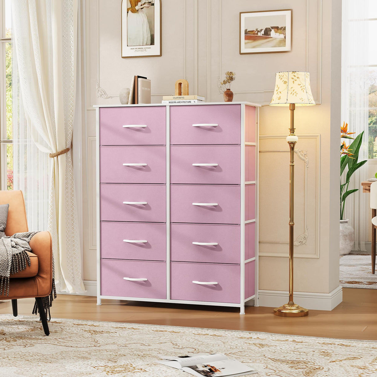 DWVO 10 Drawer Dresser - Fabric Storage Tower, Tall Chest Organizer Unit, Living Room, Hallway, Closets - Sturdy Steel Frame, Wooden Top & Easy Pull Fabric Bins, Pink DWVO