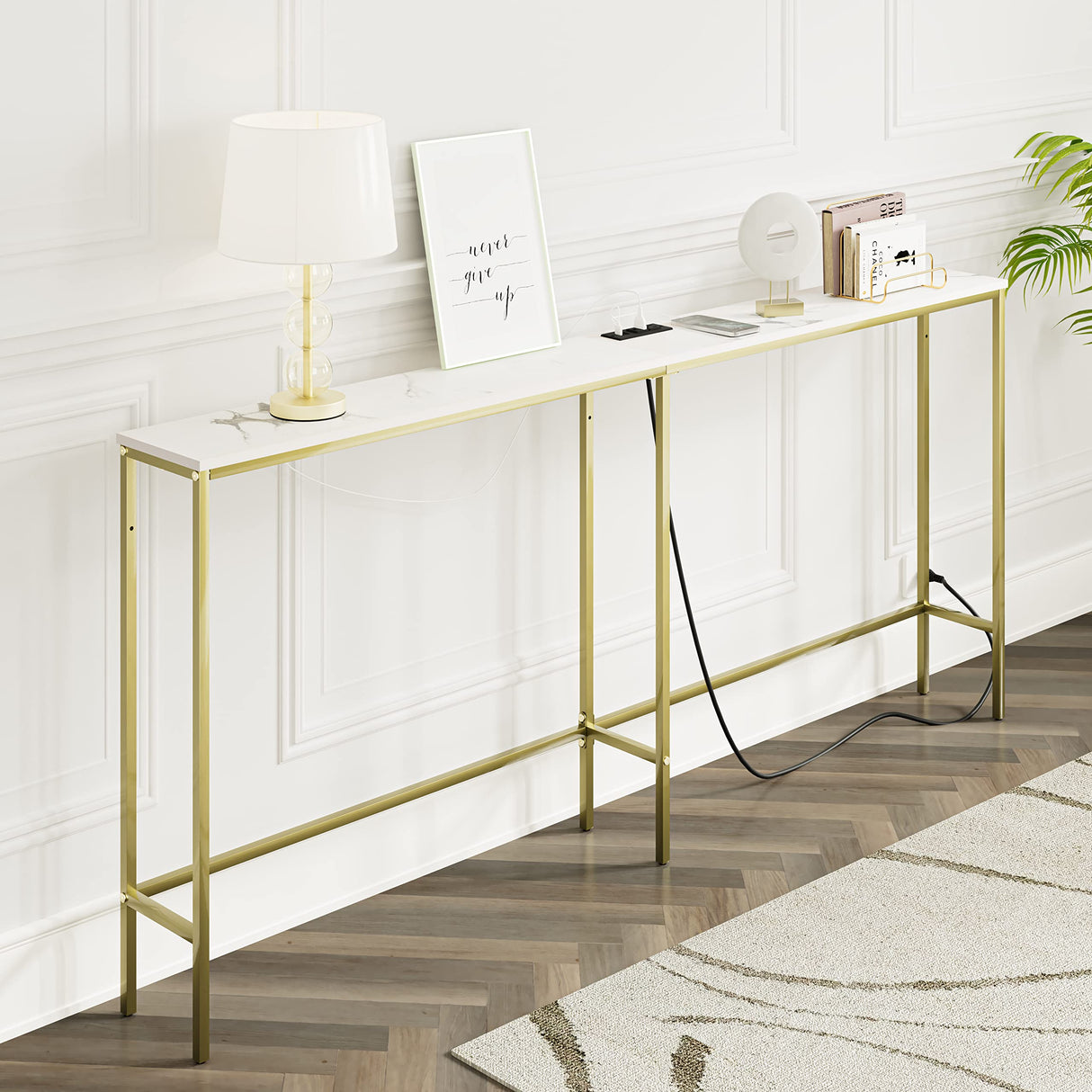 SONGXIN 70.9 Inch Console Table with Power Outlet,Modern Narrow Long Sofa Table Behind Couch,Skinny Entry Table with Gold Metal Frame for Entryway,Living Room, Hallway,Marble White SONGXIN