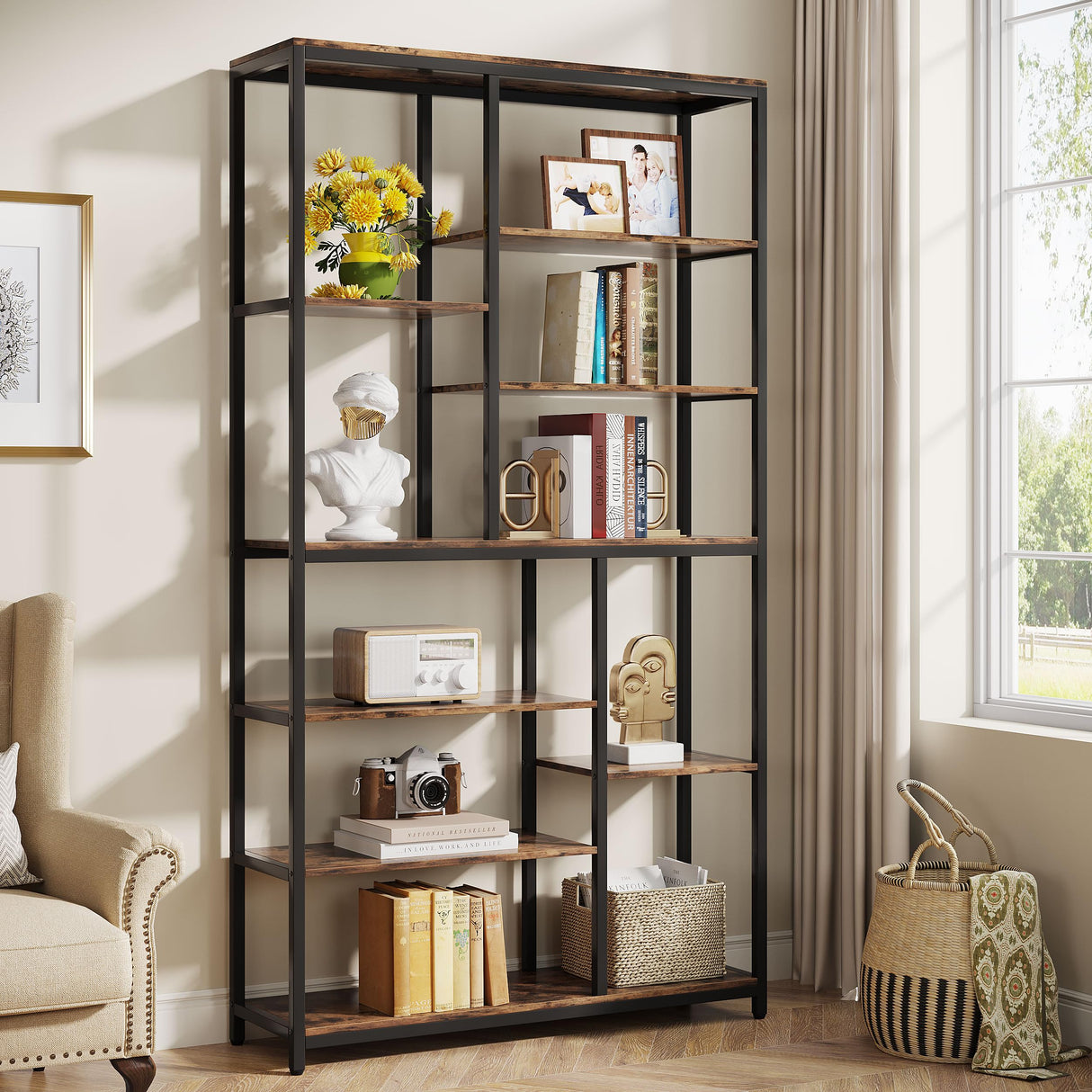 Tribesigns 79-Inch Tall Staggered Bookshelf, Industrial Bookcase with 8 Open Shelves, Wood and Metal Etagere Display Shelf for Living Room, Home and Office Tribesigns